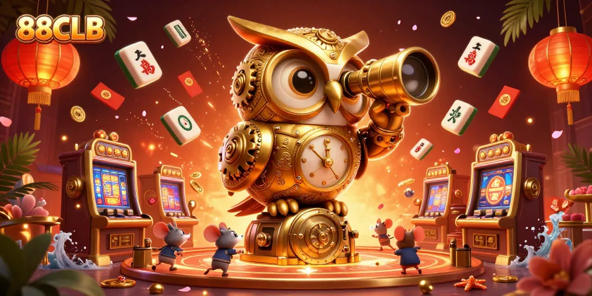 88CLB’s golden owl overseeing a bustling casino scene filled with festive elements.
