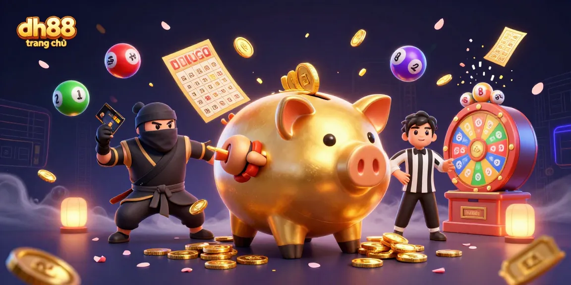 Experience thrilling gameplay at dh88 trang chủ with energetic cartoon illustration depicting a golden piggy bank sumo wrestler and friends.
