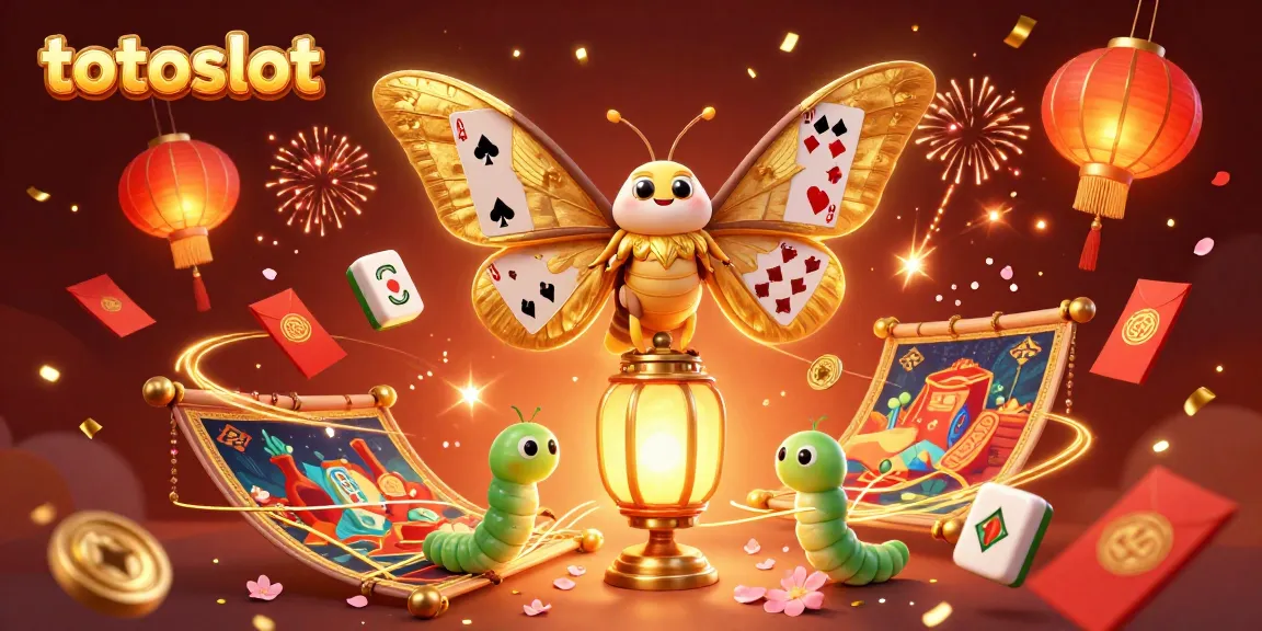 Totoslot features a vibrant casino scene with a 3D golden atlas moth and spinning jade coins.