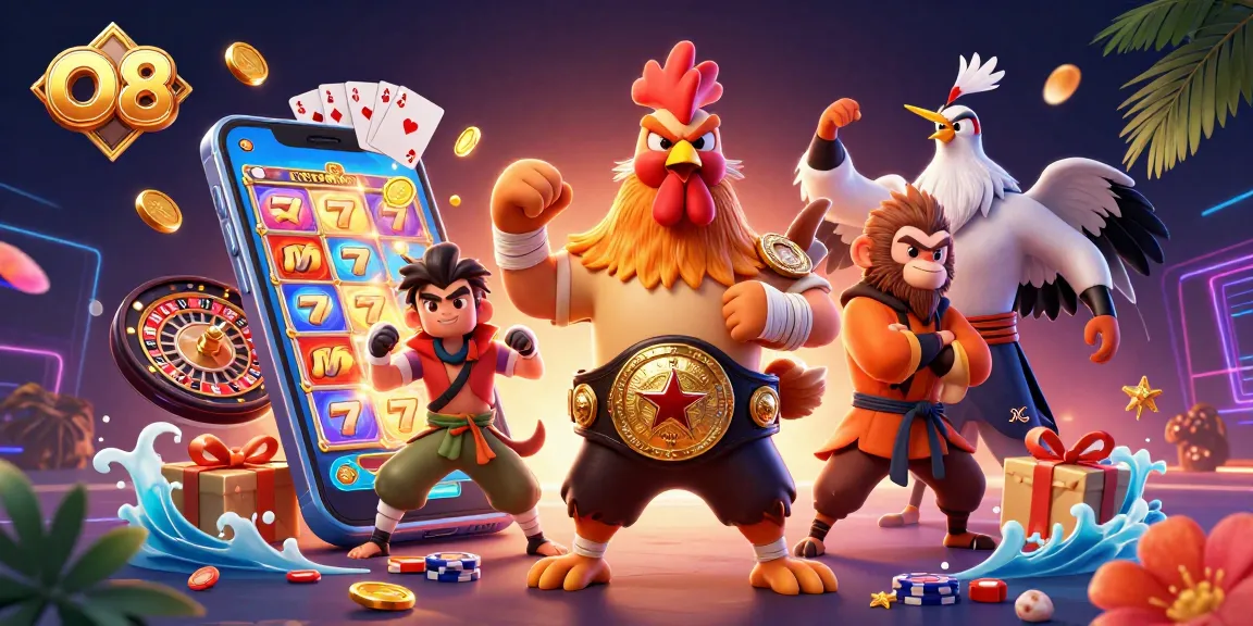 Engage with O8's dynamic gaming scene featuring adventurous characters and captivating slot game elements.