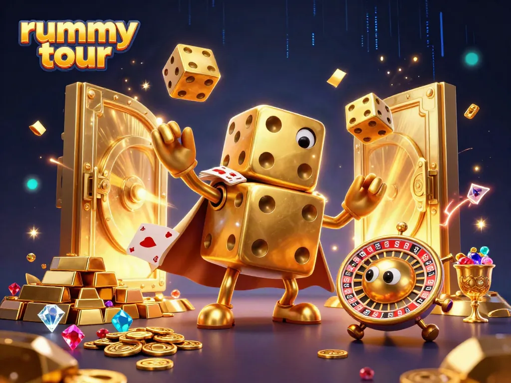Gambarkan keuntungan menarik dalam permainan rummy tour dengan ilustrasi berwarna cerah.