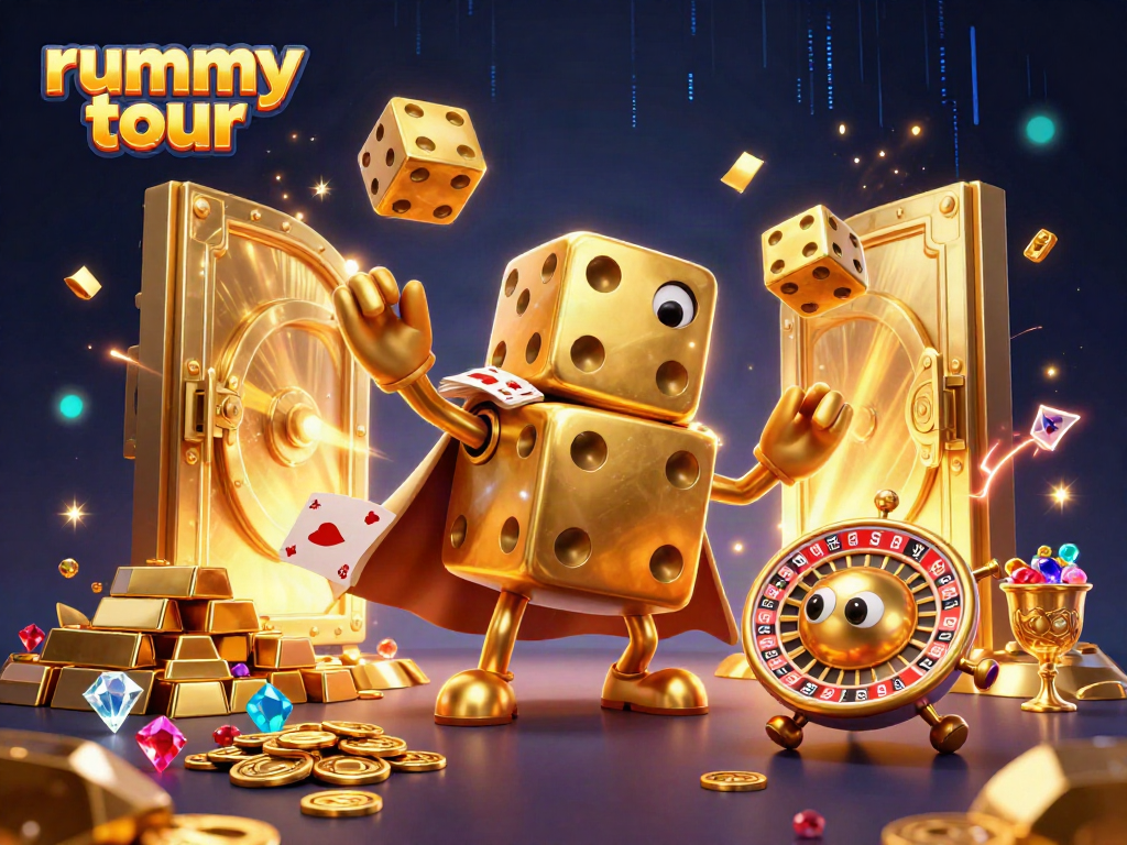 Gambarkan keuntungan menarik dalam permainan rummy tour dengan ilustrasi berwarna cerah.