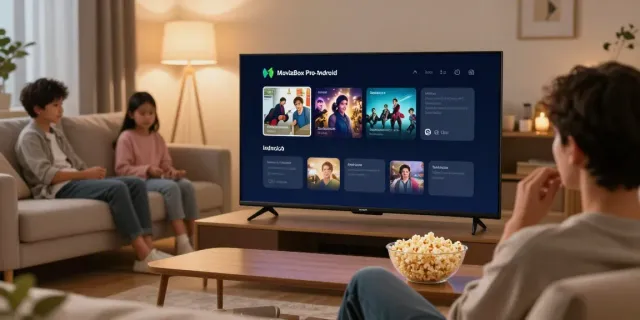 Family enjoying movie night using the MovieBox Pro Android app in a cozy living room