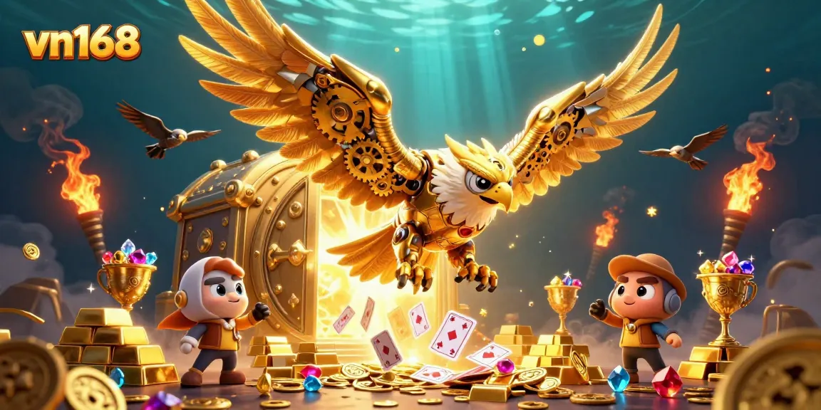 Experience the thrill of vn168 casino with immersive 3D golden eagle diving through magical cards.
