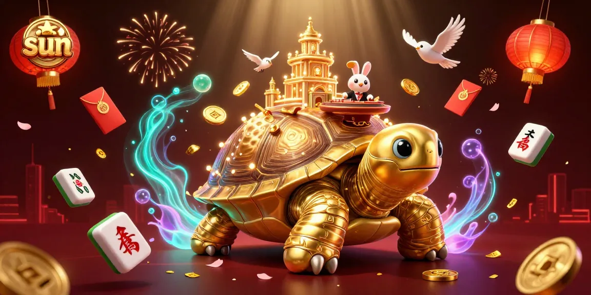 Experience thrilling gaming with sun in this vibrant casino illustration featuring a rabbit dealer and golden tortoise.