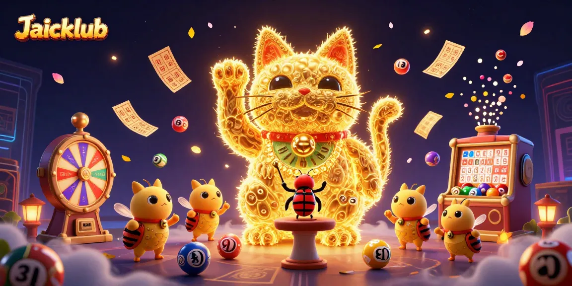 Engage with Jaiclub's vibrant lottery-themed illustration, featuring a golden lucky cat and dynamic gaming elements.