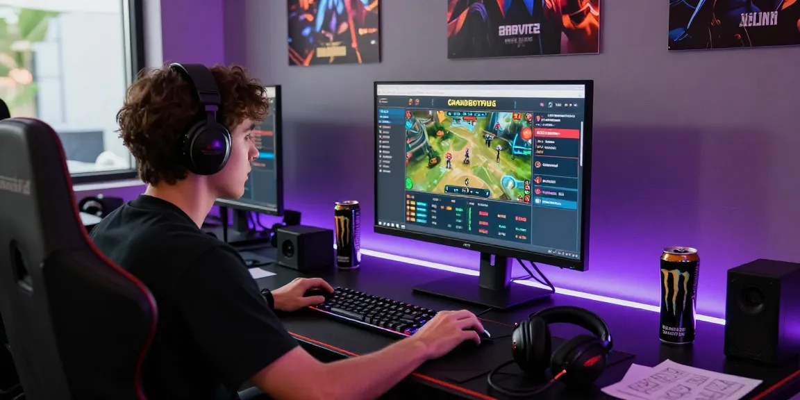 Dynamic scene of a gamer using the Grandbetting platform in a modern gaming setup