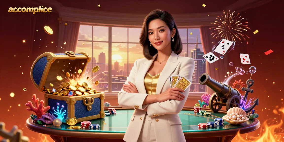 Engage with accomplice for an immersive gambling experience, showcasing a confident woman surrounded by dynamic casino elements.