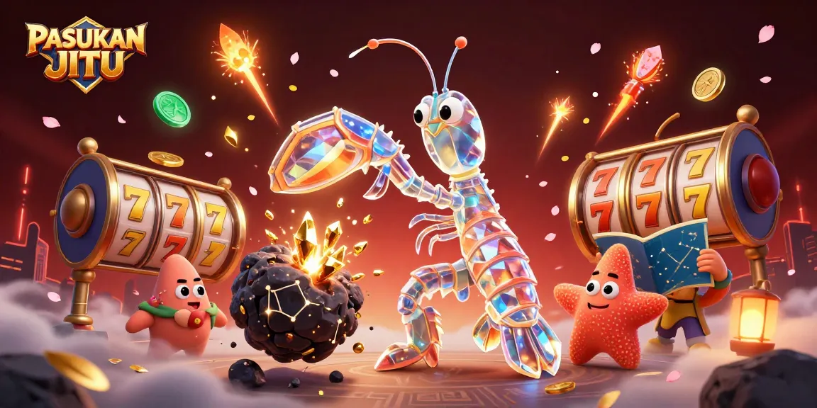 Experience PASUKAN JITU with an exciting illustration featuring vibrant slot reels and dynamic casino elements.