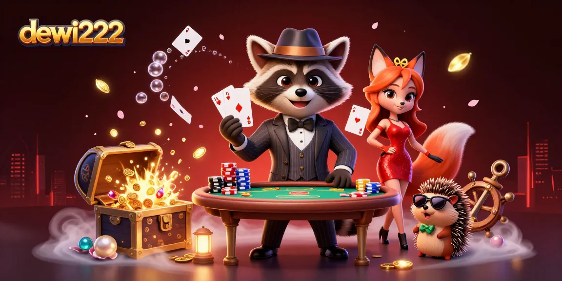 Gambarkan dewi222 sedang bermain poker dengan rakun dan rubah hingga tumpukan chip bersinar.