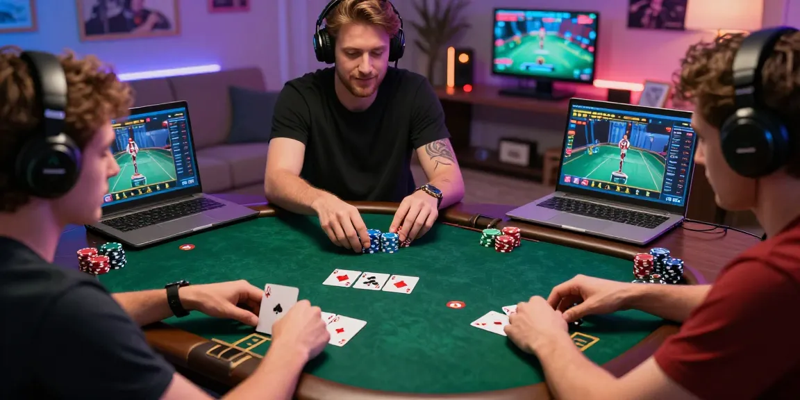Pengalaman bermain dewapoker online dengan pemain menggunakan laptop dan poker chips di meja