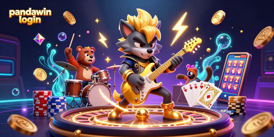 Join the excitement with pandawin login at the casino featuring a rock star wolf and a drummer bear.