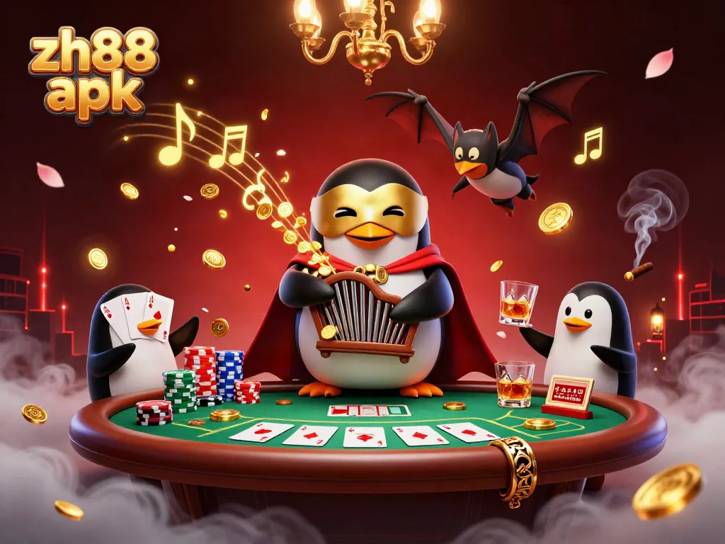 Experience the thrill of zh88 apk with a dynamic scene featuring a penguin organist, golden coins, poker elements, and stunning backgrounds.