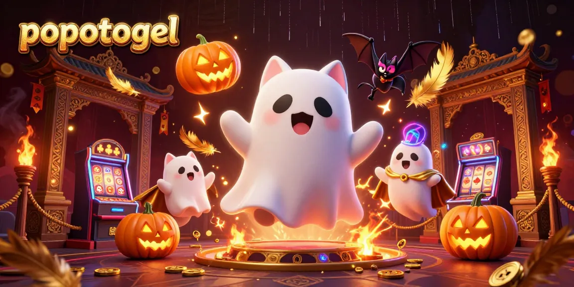 Engage with the popotogel experience in a vibrant casino scene featuring a ghost cat and bat.