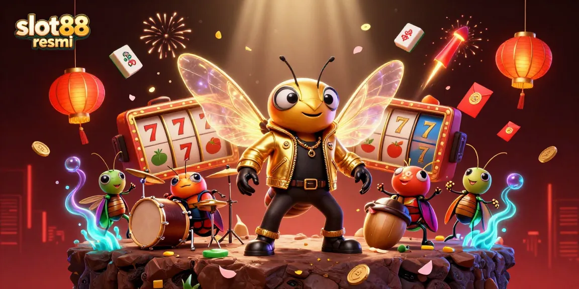 Gambarkan slot88 resmi dengan cicada rock star, drummer beetle, dan elemen judi yang cerah.