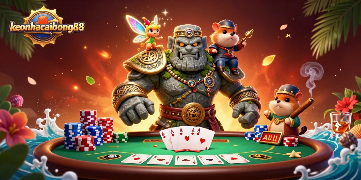 Engage with keonhacaibong88 through this vibrant 3D illustration of a golem guardian at a poker table.