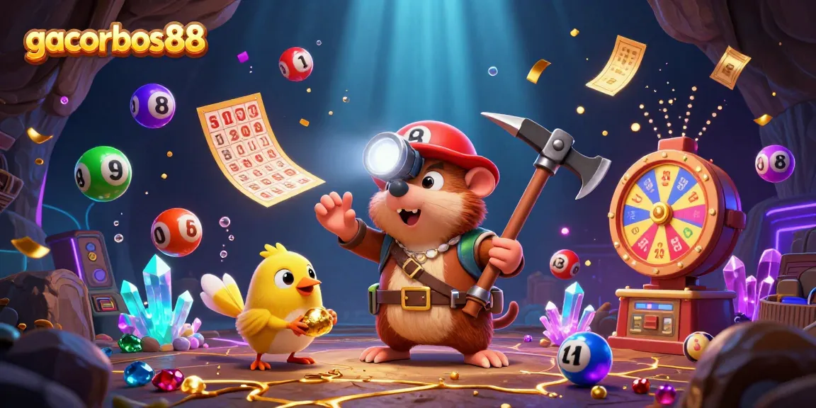 Experience gacorbos88 excitement with vibrant lottery elements and a treasure hunter in a dazzling casino scene.