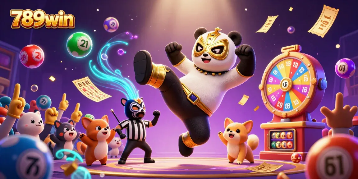 Experience the exciting energy of 789win as a panda wrestler kicks through colorful lottery balls in an energetic scene.