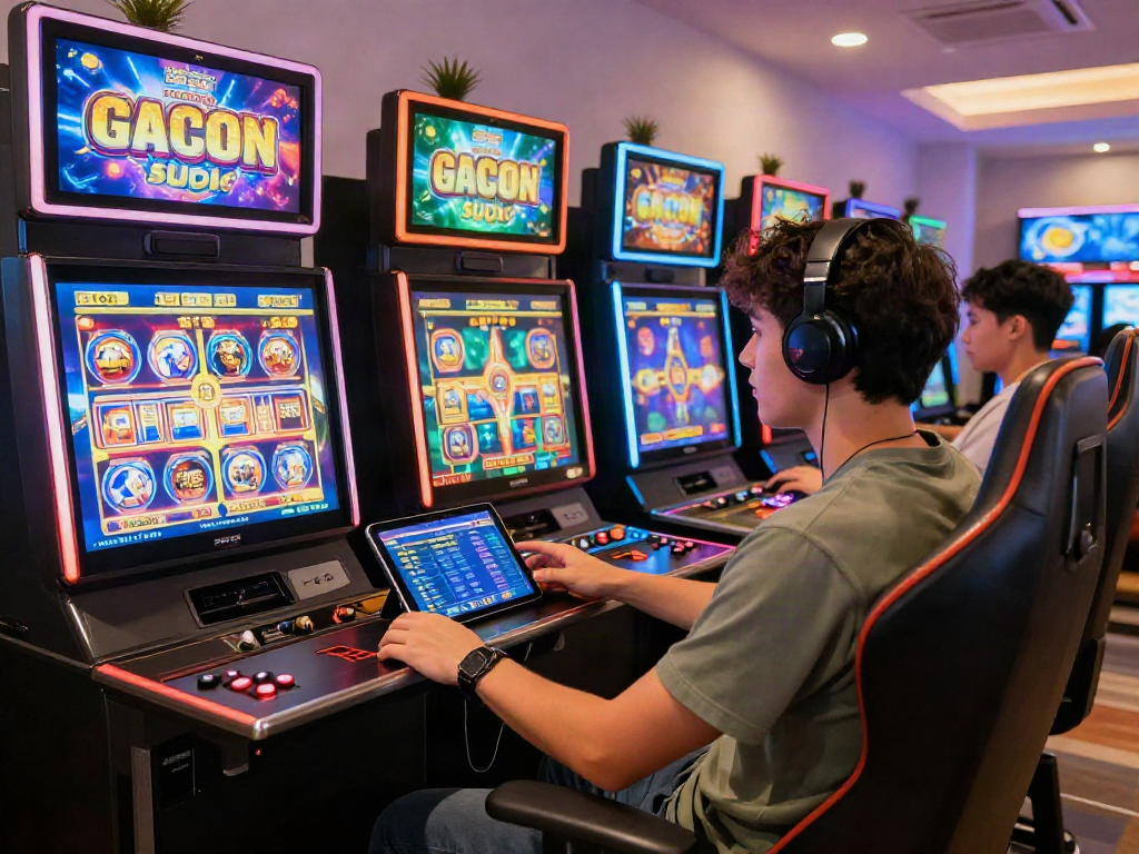 Player enjoying a slot gacor gaming session in a vibrant lounge filled with dynamic slot machine screens and cozy atmosphere.