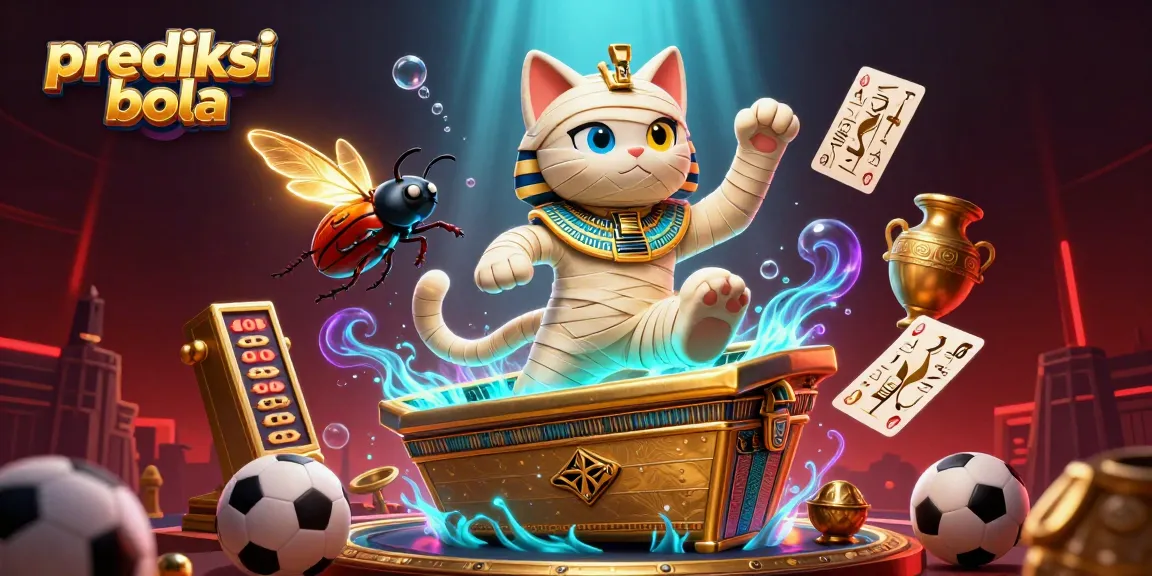 Bet on prediksi bola with a vivid scene featuring a mummy cat, glowing scarab, and floating game elements.