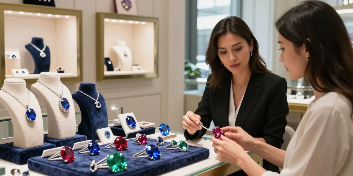 Gemstone jewelry showcased at https://www.mygemspot.com in an elegant boutique setting