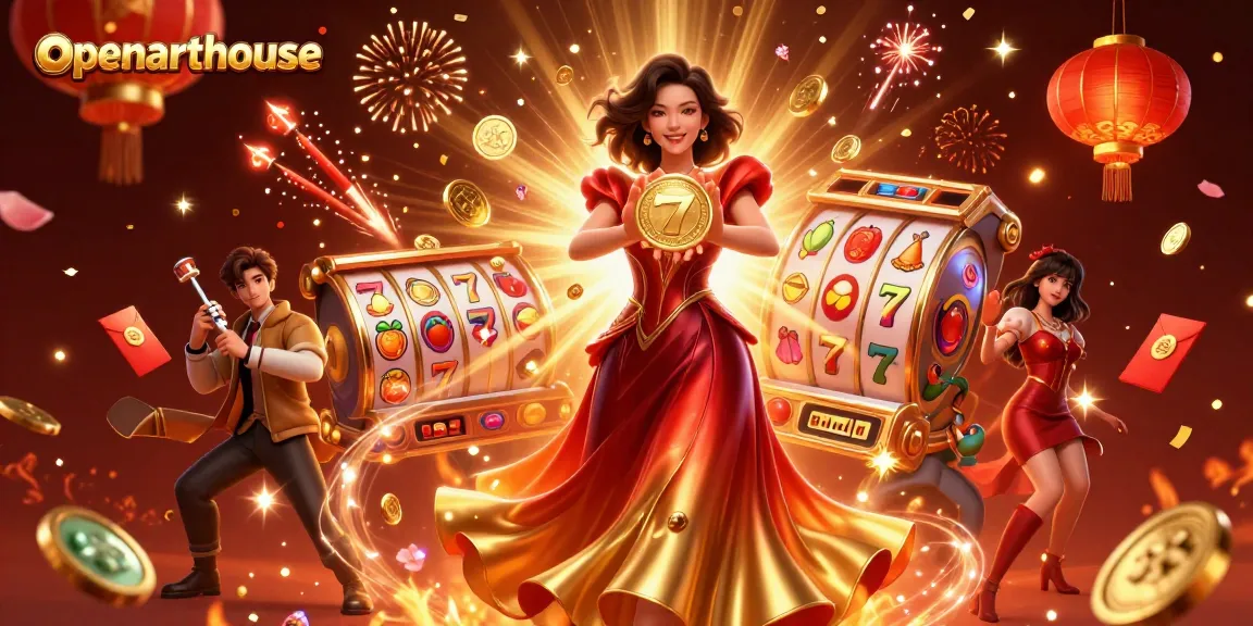 Engage with openarthouse through captivating casino art featuring a dynamic Asian woman and slot elements.
