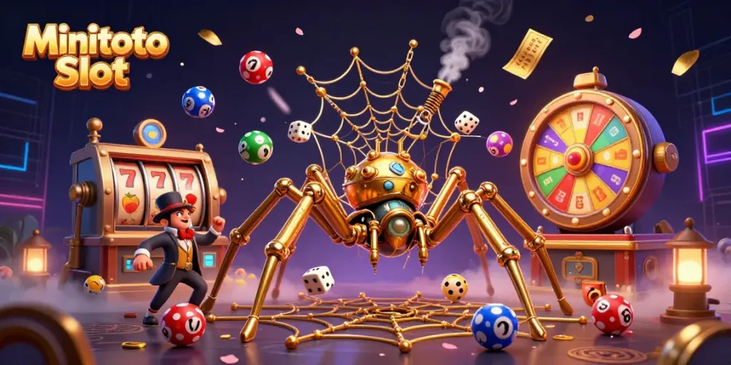Permainan Minitoto Slot menampilkan spiderman emas 3D membangun jaring dengan bola lotere melompat.