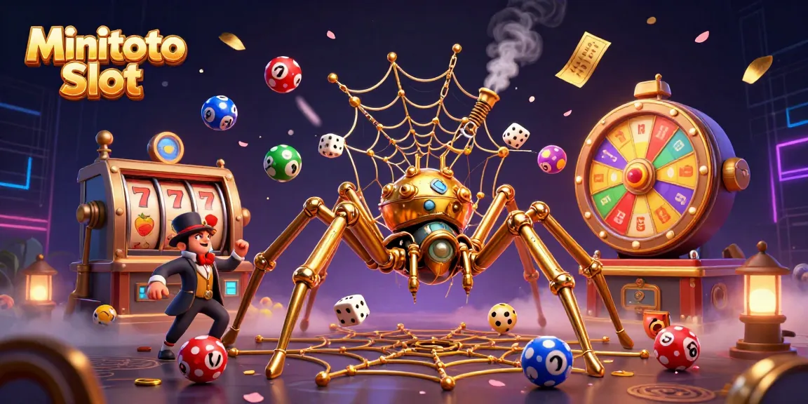 Permainan Minitoto Slot menampilkan spiderman emas 3D membangun jaring dengan bola lotere melompat.