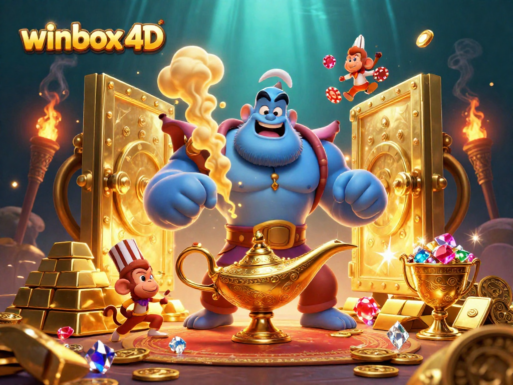 Experience winbox 4d with a lavish 3D cartoon scene filled with treasure and a friendly genie.