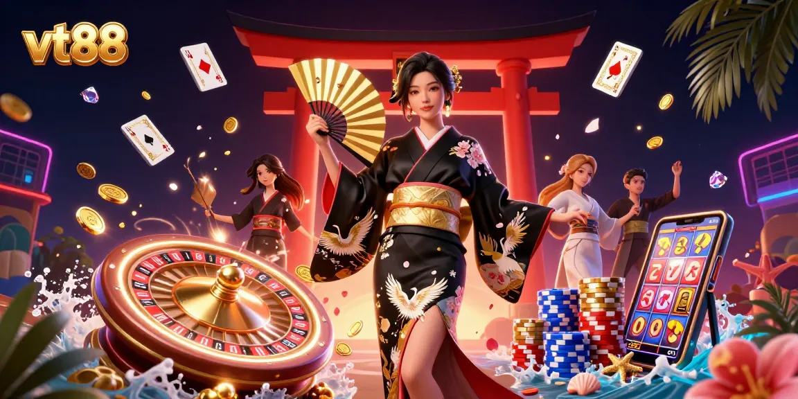 Experience vt88 casino magic with a vibrant 3D illustration showcasing dynamic gaming elements and an elegant character.