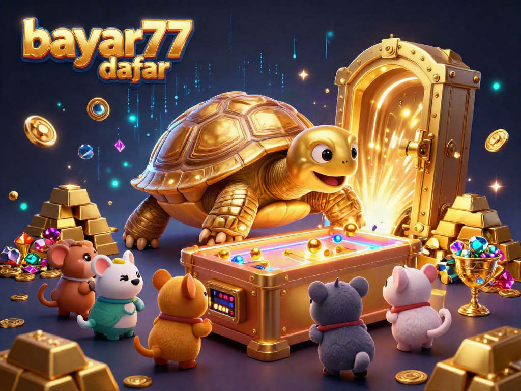 Play exciting games at bayar77 daftar with a dynamic scene featuring a golden tortoise and treasure elements