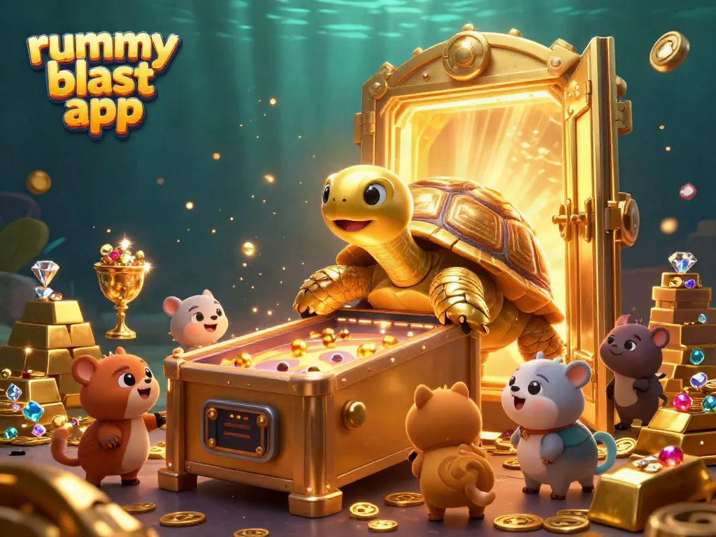 Experience the excitement of the rummy blast app with this dynamic illustration featuring a golden tortoise pinball machine.