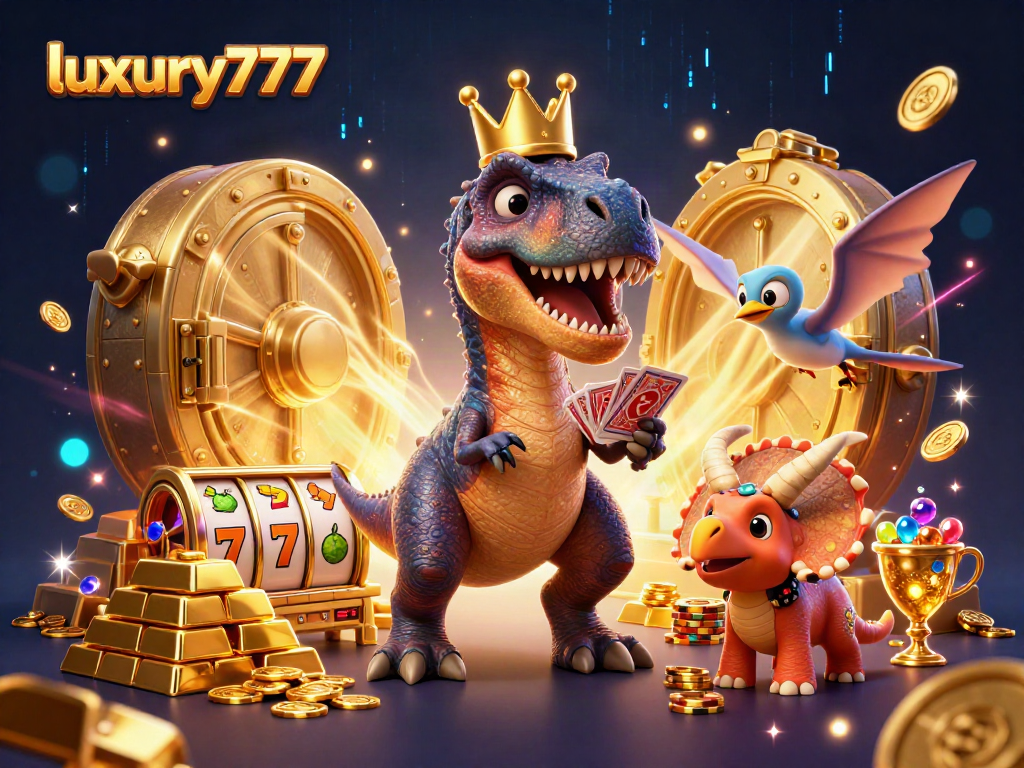 Gambarkan aksi di luxury777 saat T-Rex bersiap menghitung kartu di kasino dengan dekorasi megah.