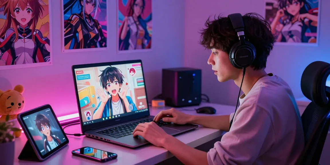 User engaged in a playful hentai chat experience on a laptop, surrounded by colorful anime decorations.