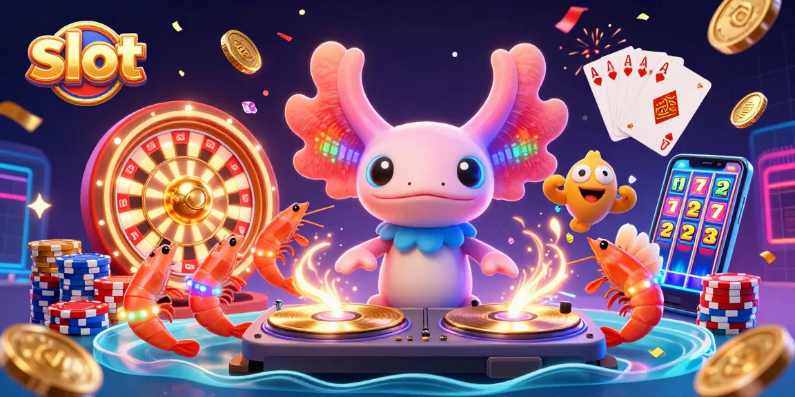 Experience exciting slot action with vivid characters and dynamic casino elements like coins, chips, and cards.
