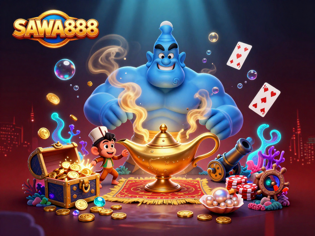 SAWA888 showcases a vivid casino adventure with a powerful genie, treasures, and vibrant gaming elements.