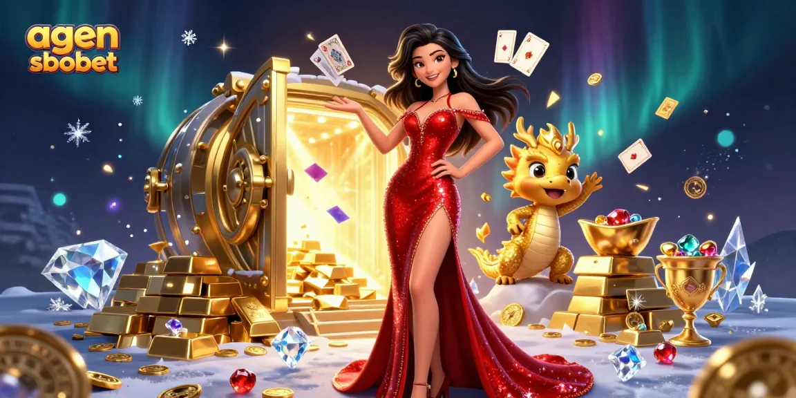 Bet big with agen sbobet, featuring an elegant woman and golden treasures in a vibrant casino scene.