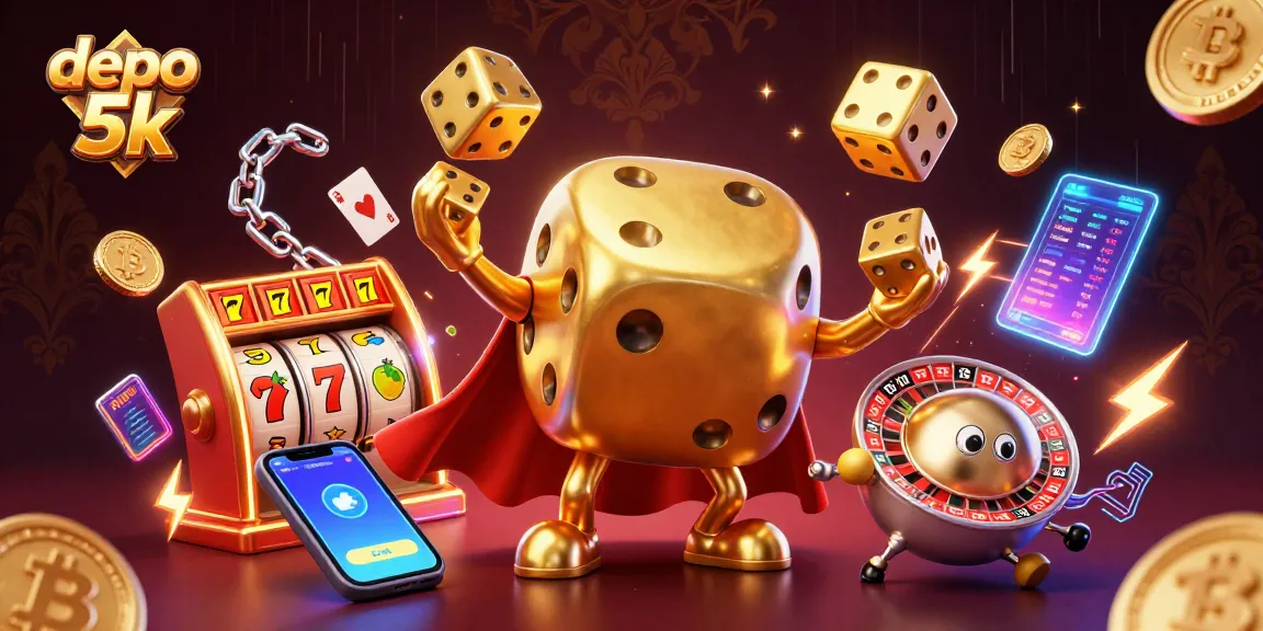 Engage with depo 5k online slots featuring golden dice characters, vibrant game elements, and rich casino imagery.