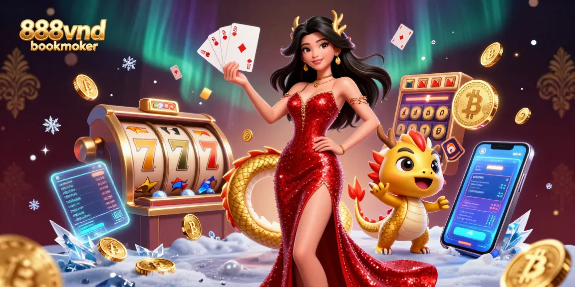 Engage with the exciting world of 888vnd bookmaker featuring a glamorous Asian woman surrounded by vibrant casino elements.