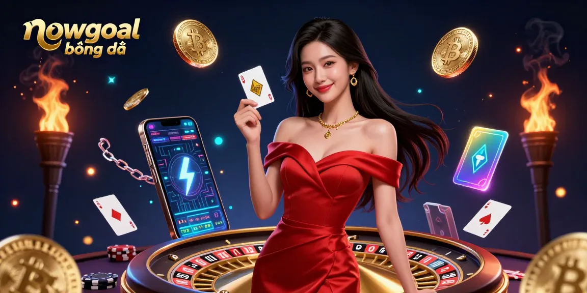 Engage with nowgoal bóng đá as a beautiful woman displays her winning card near a glittering roulette wheel.