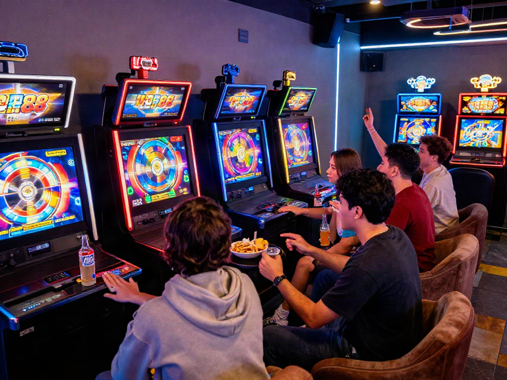 Friends enjoying a lively slot88 gaming session at a vibrant gaming lounge.