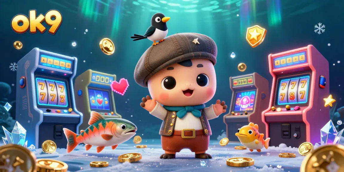 Spin slots with ok9 at a vibrant 3D casino, featuring a playful Nessie and golden treasures.