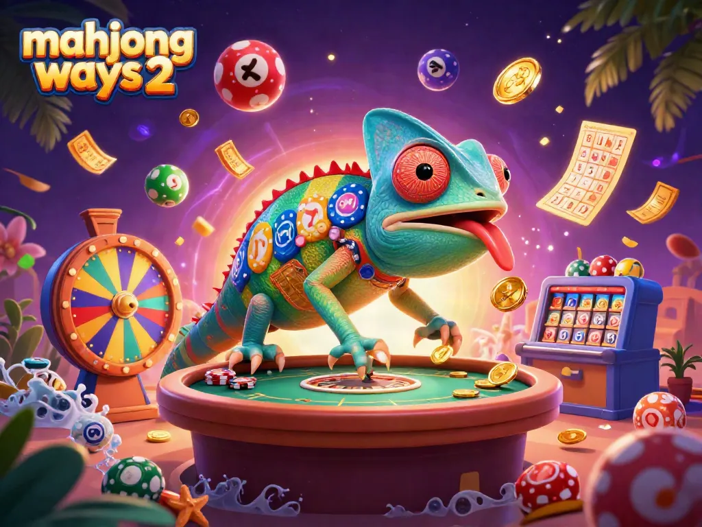Engage with Mahjong Ways 2 in an exciting casino scene featuring a colorful chameleon casino owner.