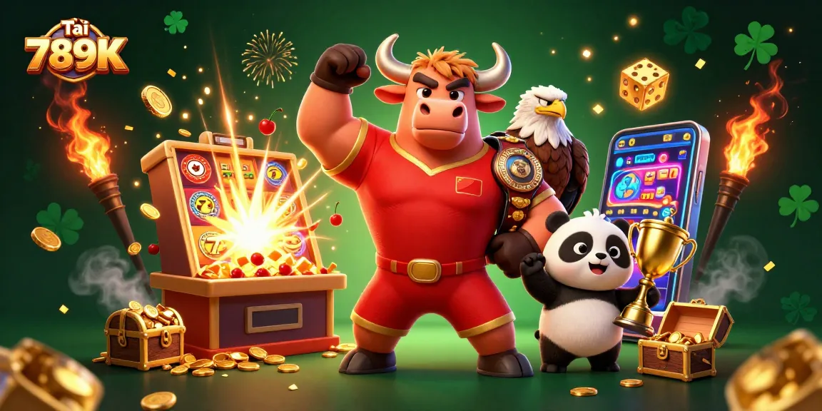 Tại 789K enjoy colorful gameplay with a joyful panda and triumphant bull mascot celebrating casino wins.