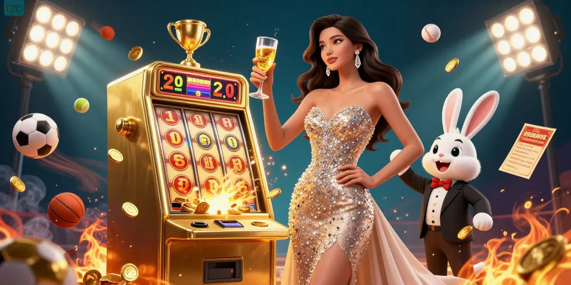 hi88 showcases a stunning woman toasting beside a golden jackpot slot machine amidst dynamic sports elements.