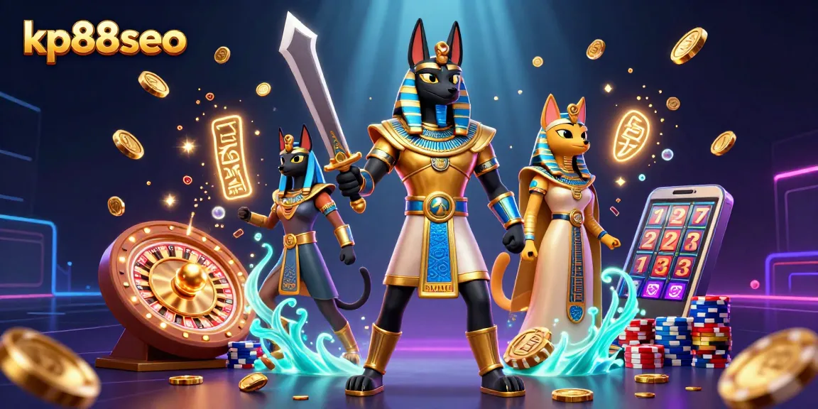 Engage in thrilling gameplay at kp88seo with Anubis and Bastet surrounded by dynamic casino elements.