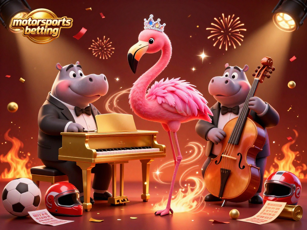 Engage in motorsports betting with a vibrant 3D casino scene showcasing thrilling elements and characters.