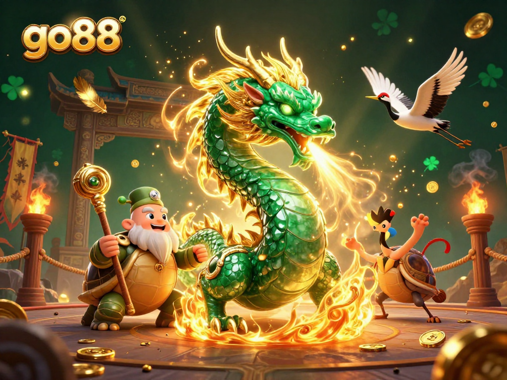 Experience thrilling gameplay at go88 with jade dragon and lucky cranes amidst golden coins.