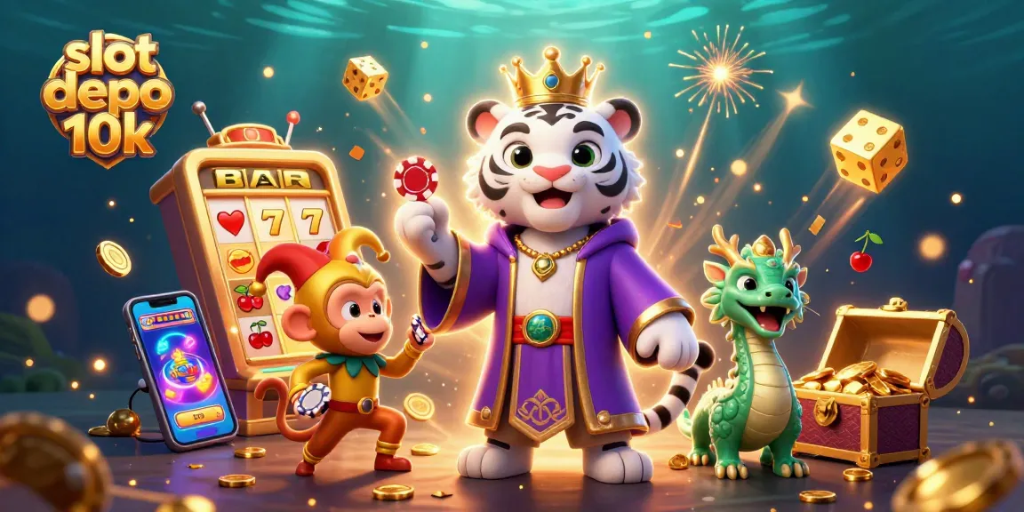 Engage with the slot depo 10k scene featuring a white tiger, monkey, and jade dragon amidst casino elements.