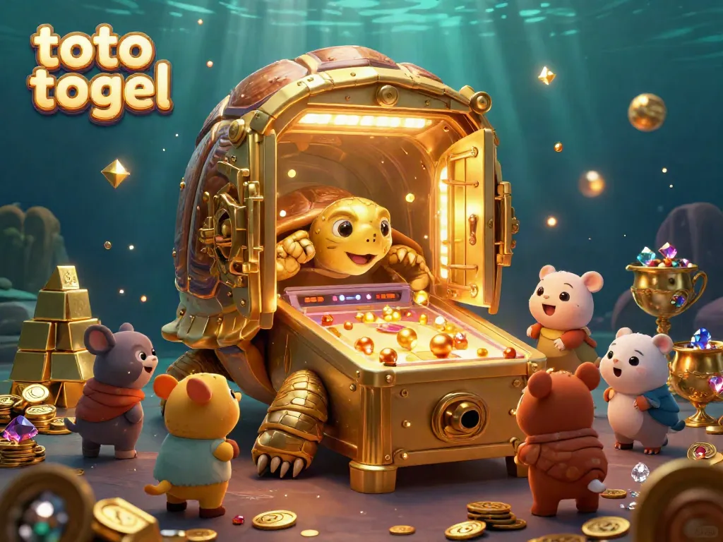 A vibrant scene where a colossal golden tortoise pinball machine entertains small animals, promoting the excitement of toto togel.